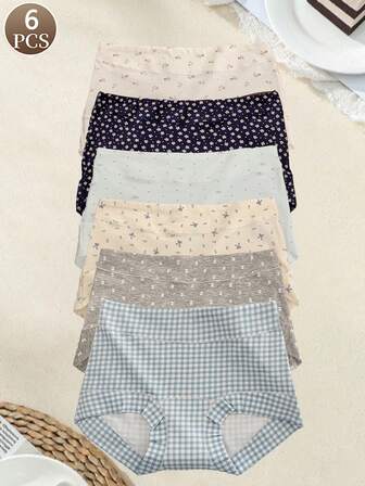 6 piezas de bragas de mujer con un diseño floral y de corazón, ropa interior deportiva casual y cómoda de cintura media para mujer