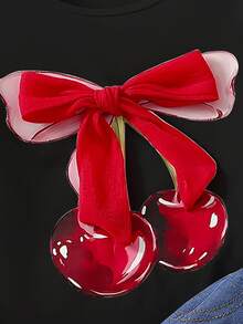 2pcs/Set Girls Cute Cherry Bow Decor Short Sleeve Top + Casual Cherry Embroidery Denim Skirt Pants Outfit - Black - View 4