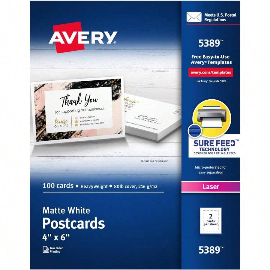 Avery 05389 Postcards for Laser Printers Uncoated 4 x 6 Inches White Box of 100 - Blanco - Ver 1