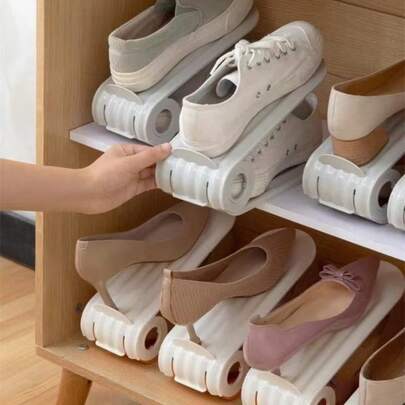 2pcs Adjustable Plastic Shoe Rack With Thick Double-Layer Shelf Design, Stackable And Modular Shoe Organizer For Maximum Closet, Dorm, And Apartment Space, Ultra-Compact Shoe Storage Box Perfect For Hallway, Entryway, Bedroom, And Bathroom, Durable Lightweight Plastic Construction, Easy Assembly, Keeps Footwear Neatly Sorted And Accessible