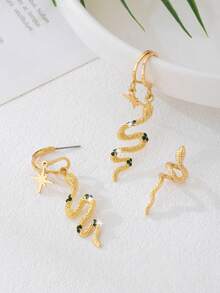 3 Peças/Conjunto Brinco Ear Cuff de Cobra Estilo Europeu e Americano, Conjunto de Brincos de Cobra com Hexagrama e Strass Verde, Brincos Personalizados Únicos Adequados para Mulheres, Adequados para Uso Diário, Reunião com Amigos, Sessão de Fotos de Moda, Decoração de Banquete, Decoração de Feriados