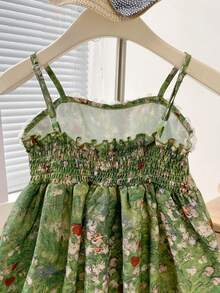 Girls Ditsy Floral Spaghetti Strap Dress, French Style Fashion Elegant Princess Dress, Summer - Green - View 6