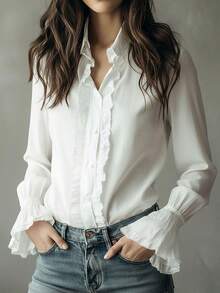 Blouse ample pour femmes de grande taille, élégante, de couleur unie, avec col à volants et manches évasées. Tenue décontractée pour le printemps et l'automne, couleur blanche - Blanc - Voir 10