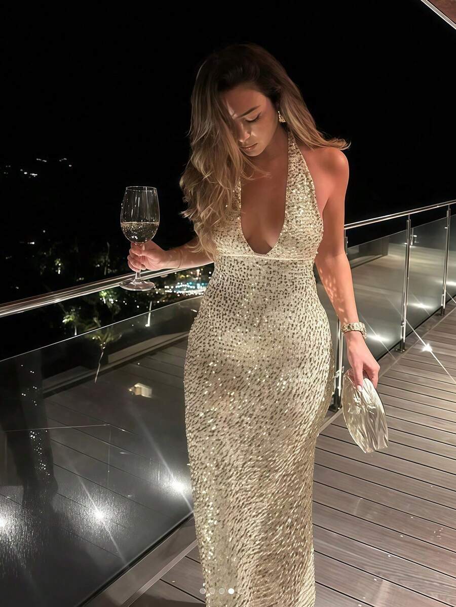 QIANZHIDU 女士亮片吊带长裙，深V领设计，露背，适合公司晚宴、晚礼服、生日派对、单身派对、婚礼宾客等场合穿着，女士长裙 - 香檳色 - 查看 1