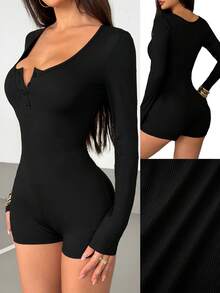 AITYI Studio 女士连体裤，休闲简约 U 领修身款，时尚性感百搭，适合户外运动，毕业季、返校季、圣诞节、秋冬季针织长袖连体裤 - 黑色 - 查看 2