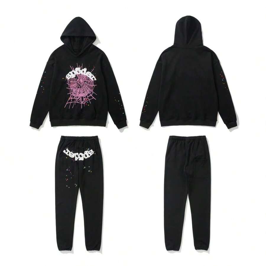 Men Women Hip Hop Spider Web Print Hoodies Sweatshirt Pants Autumn Gothic Punk Long Sleeve Loose Hooded Oversized Pullover Tops  Spring/Fall    Regular Fit    Drawstring  Pocket  Rib-Knit    Halloween - Black - View 1