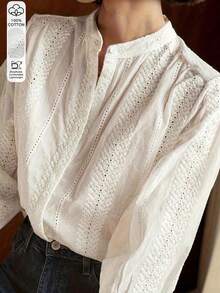 Women's Spring Bohemian 100% Cotton Retro Bohemian Leisure Vacation Style Embroidered White Long Sleeve Shirt, Suitable For Vacation, Commuting Office, Ramadan - White - View 1