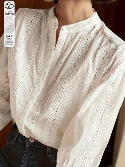 女士春季波西米亚风100%纯棉复古波西米亚休闲度假风刺绣白色长袖衬衫，适合度假、通勤、办公、斋月等场合。