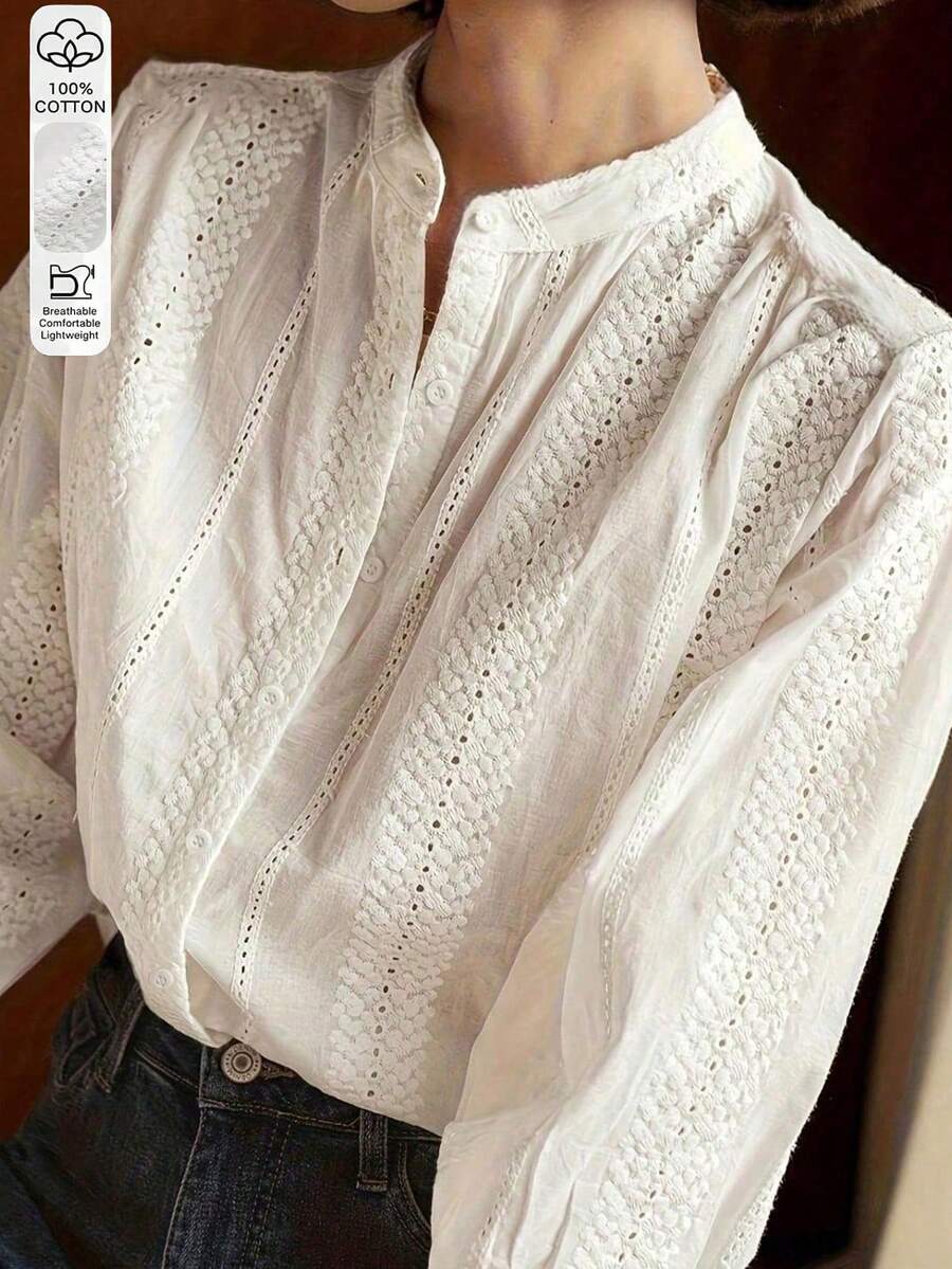 Women's Spring Bohemian 100% Cotton Retro Bohemian Leisure Vacation Style Embroidered White Long Sleeve Shirt, Suitable For Vacation, Commuting Office, Ramadan - White - View 1