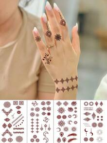 4 Sheets Henna Temporary Tattoos Mehndi Stickers Waterproof Hand Tattoo With Ramadan Decorations For Women Valentine Day Wedding Festival Bride Party - Brown - View 10