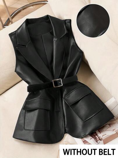 Chaleco de piel sintética sin mangas de unicolor minimalista con bolsillo y botón para mujer, para otoño/invierno (cinturón no incluido) Negro