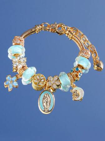 1 pieza Brazalete de mujer con colgante de flor dorada con cuentas, encanto de luna y Virgen María