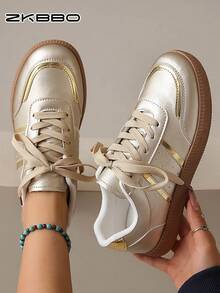 ZKBBO Zapatillas deportivas planas y ligeras para mujer con correa cruzada, zapatos para caminar y fitness, zapatos dorados de talla grande - Dorado - Ver 2