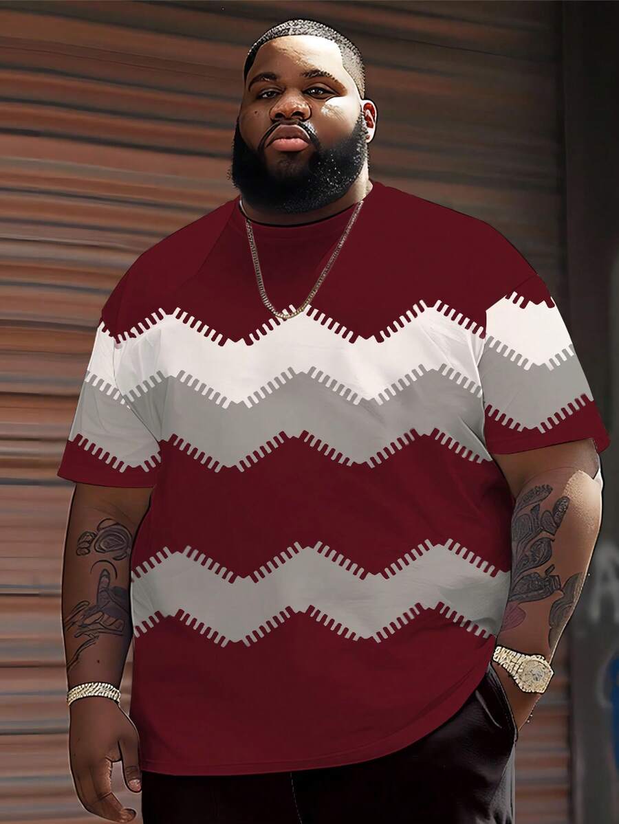 男士大码休闲圆领T恤，涤纶针织面料，舒适透气，时尚休闲简约系列“撞色拉链图案”印花，休闲街头风清新系列，新颖个性化上衣 - 彩色 - 查看 1