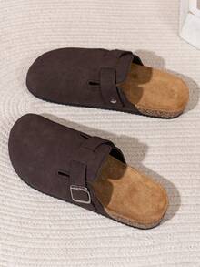 Men's Black Faux PU Leather Adjustable Strap Slippers With Gold-Tone Hardware, Comfortable For Indoor/Outdoor Wear, Round Toe With Rubber Sole, Suitable For Casual, Office, Beach And More Occasions - Dark Brown - View 2