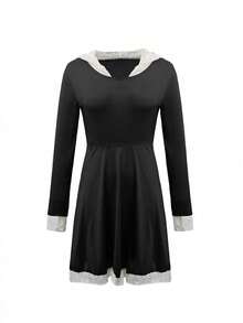 French Black Lace Patchwork Hooded Dress, Layered Waist A-Line Skirt, Elegant Spring - Black - View 8