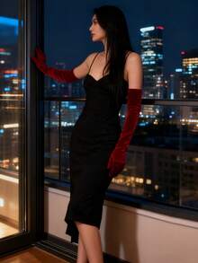 Găng tay dài nhung màu đỏ tía, kiểu Âu & Mỹ, phụ kiện dạ hội lớn màu đỏ, váy cưới cô dâu, chụp ảnh vintage, gợi cảm. - Đỏ - Xem 4