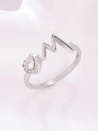 1pc Fashionable Unique Heart-Shaped Geometric Design Cubic Zirconia Inlaid Men's Ring - French Romantic Ring With Cubic Zirconia Accents - Suitable For Everyday Wear