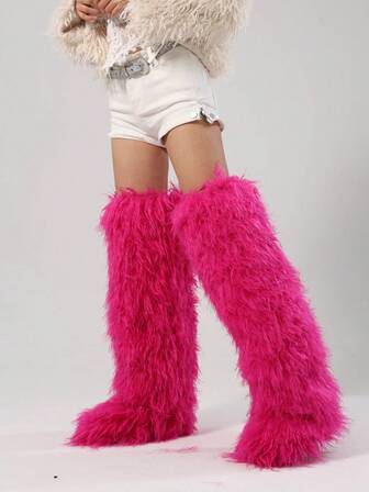 New Fashionable Ultra-High Faux Fur Lined Snow Boots, Thigh-High Over-The-Knee Boots, Furry Boots