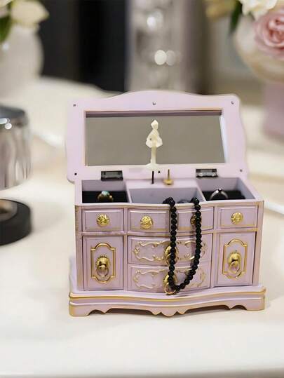 1pc Vintage Embossed Carved Jewelry Box, 22*12*14cm, Compartmentalized Storage Anti-Dust Anti-Lost, Mirror Embedded Lid For Convenient Grooming, Triggered Melody When Opened, Decor To Enhance Space Ambiance; Suitable For Bedroom Vanity, Living Room Shelves