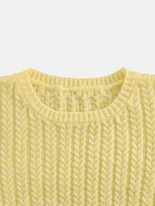 Parte superior de punto de cuello redondo de unicolor, ajustada, de manga corta, suave, cómoda y versátil, para primavera/verano - Amarillo - Ver 4