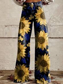[Floral Printed Women's Jeans] Retro Bohemian Floral Printed Women's Plus Size Jeans |   Fashionable Loose Comfortable Wide Leg Denim Pants, Casual Multifunctional Sunflower Colored 3D Design - màu đen - Xem 4
