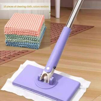 1 pieza Trapeador de tela con cambio automático de tela, con diseño de mango giratorio a 360° y de empuje-tracción, incluye 10 piezas de paños de repuesto de colores aleatorios, adecuado para limpiar cocinas y baños.