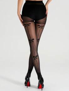 A Pair Of Women's Vertical Stripes On The Back + Bow Jacquard Stockings Are Fashionable And Sexy. High-Waisted And Leg-Fit Tights Are Available For Spring, Summer And Autumn. Thin Transparent Tights Are Suitable For Valentine's Day And Daily Life - Black - View 7