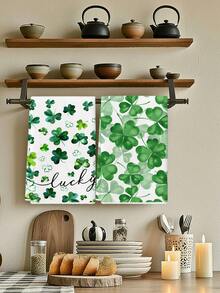 2 Pcs St. Patrick'S Day Dish Towels Watercolor Shamrock Lettering Home Restaurant Kitchen Hand Towels Decorative Hand Towels - Green - View 1
