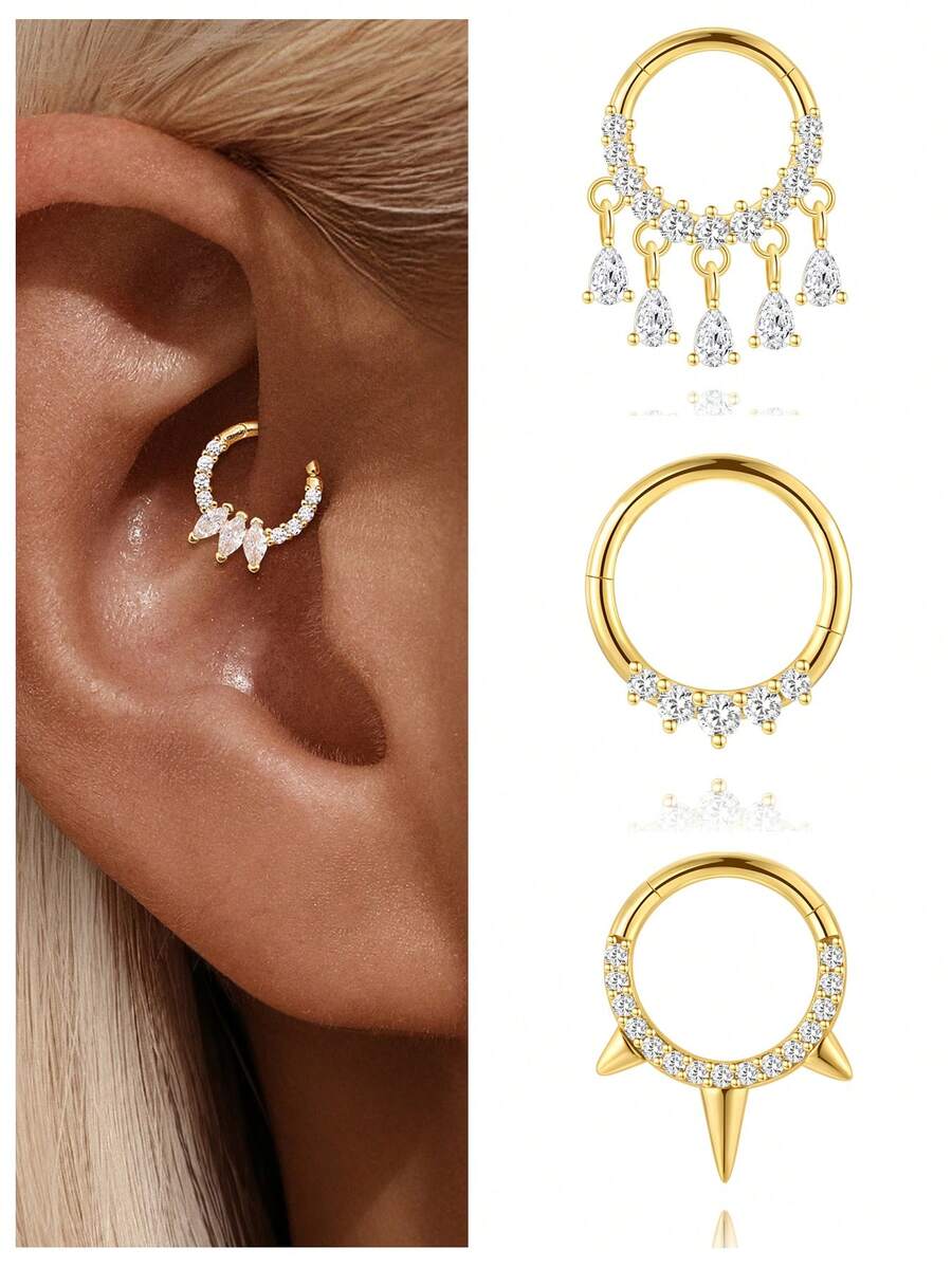 1Pc 925 Sterling Silver Classic Geometric Elements Cubic Zirconia Helix Hoop Hypoallergenic Pure Silver Nose Piercing Suitable For Women For Daily, Dates, Vacation, Wedding, Party, Holiday Gift - Gold - View 1