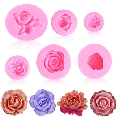 6pcs 3D Floral Silicone Molds - Rose, Peony And Round Shapes, Suitable For Resin, Candle, Soap Making And Cake Decorating
