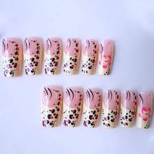 A Box Of 24 Pieces Of Nail Patches French Flower Leopard Print Design Mid-Length European Square Wearable Nail Sheets - Yellow - View 5
