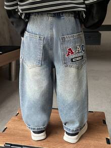 男童秋季字母刺绣宽松直筒牛仔裤，适合日常、上学、休闲和户外穿着 - 藍色 - 查看 9