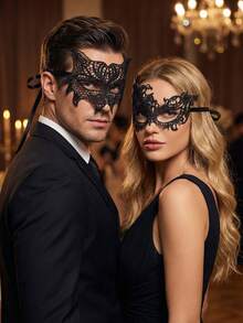 2pcs Black Lace Masquerade Mask Set, Sexy Vintage Style Half Face Mask With Tie, Unisex Suitable For Party, Ball, All Seasons - Multicolor - View 2