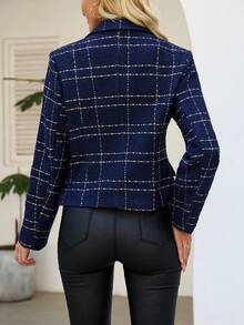 Classic Women's Short Knitted Blazer Elegant Long Sleeve Double Button Front Design With Plaid Detail - Navy Blue - View 3