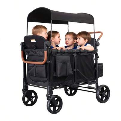 Folding Pushcart With Detachable Sunshade, Equipped With Wheels And A Double Adjustable Handle, Perfect For The Beach, Camping And The Park
