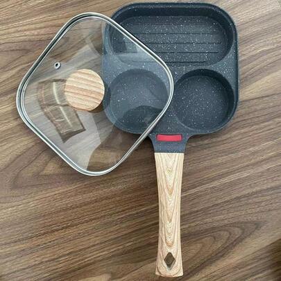 Padella antiaderente per uova da 4 tazze, elettrodomestico multiuso per la colazione con rivestimento in marmo e manico in legno per piani cottura a gas, a induzione, elettrici e in ceramica - Olio