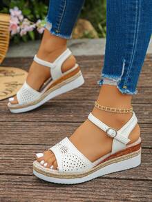 1 Pair Summer Casual Wedge Sandals For Teenagers, Suitable For Daily Outings, Simple Buckle Design, Perforated, Fashion Minimalist, Non-Slip, Comfortable, Versatile Thick-Soled Sandals - White - View 6