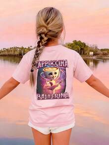 1件女童休闲印花圆领短袖T恤，夏季学生童装 - 印有山海经人物图案的T恤，为每个孩子带来欢乐和幸福！ CAPPUCCINA BALEERINA - 粉色 - 查看 2