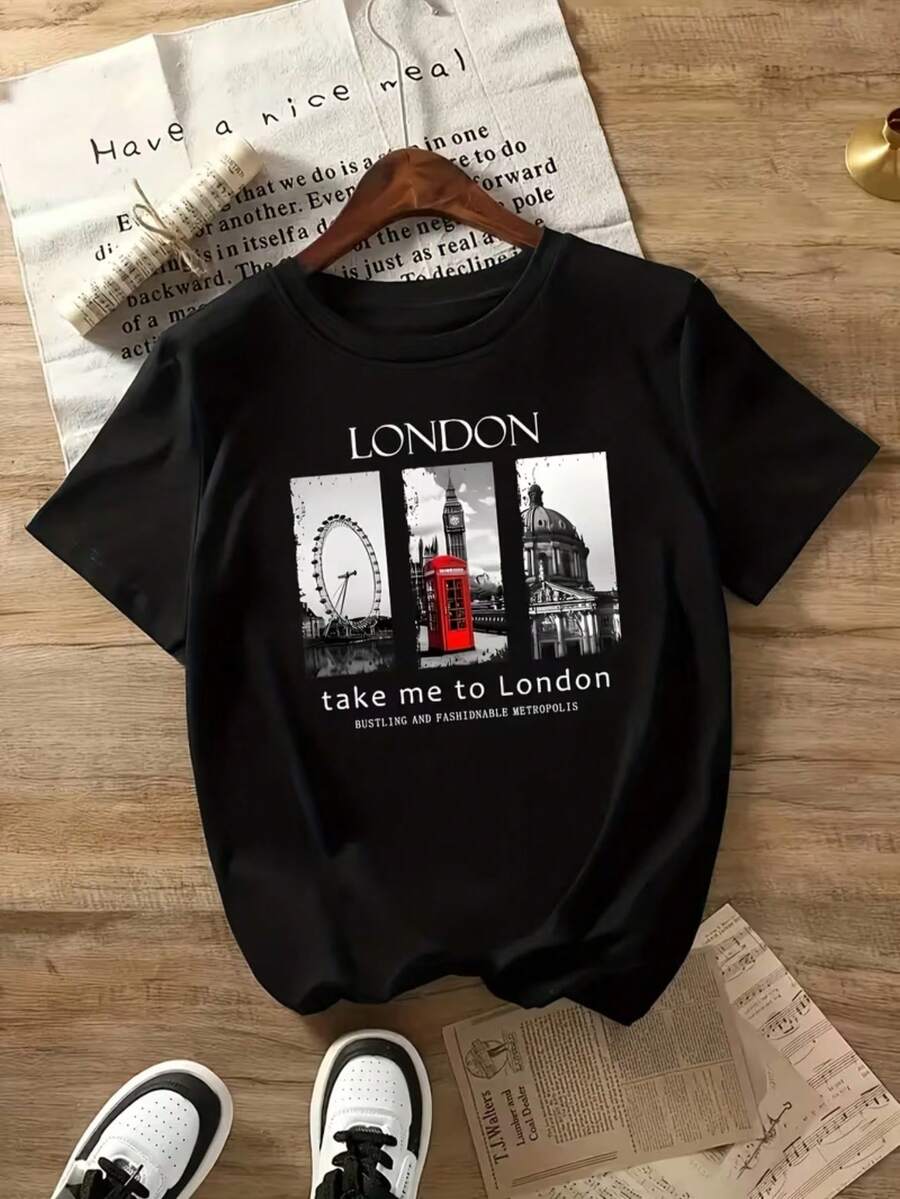 Women's Printed T-Shirt London Take Me To Shirt 100% Cotton Free Fast Shipping - 黑色 - 查看 1