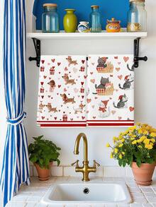 2Pcs Watercolor Gray Checkered Heart Black And White Cute Puppy Gift Box Pattern Farmhouse Farm Decoration Kitchen Towel Dishcloth Holiday Party Supplies Bathroom Hand Towel Suitable For Kitchen, Dining Room, And Dining Table - White - View 4