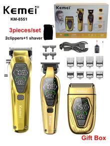 Kemei 三合一专业男士理容套装，包含电动理发器、电动修剪器和T型刀头修剪器（可实现0毫米贴近剃须），以及电动剃须刀套装，是送给男士的绝佳礼物。 - 金色 - 查看 13