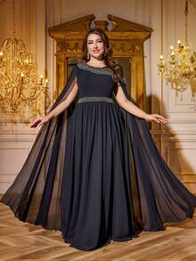 SUPGIR Plus 女士优雅雪纺两件套可翻转飘逸袖高做工珠饰亮片拼接修身长款晚礼服 - 黑色 - 查看 1