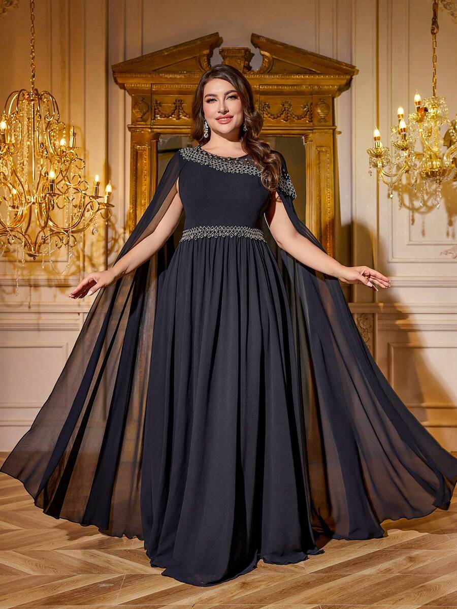 SUPGIR Plus 女士优雅雪纺两件套可翻转飘逸袖高做工珠饰亮片拼接修身长款晚礼服 - 黑色 - 查看 1