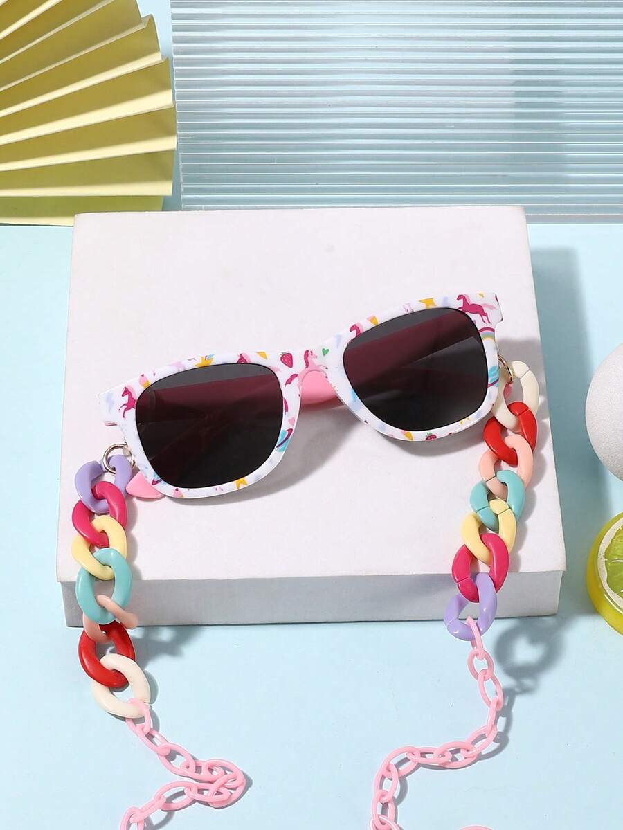 1副适合6-12岁女孩的可爱趣味迷彩恐龙经典方形镜框时尚眼镜，配1条环形扣眼镜链，适合节日派对佩戴，附带眼镜盒 - 彩色 - 查看 1