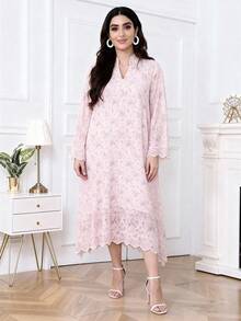2026 New Style Ramadan Traditional Elegant Floral Embroidered Asymmetrical Ruffle Hem Dress, Modest Arabic Women Clothing - Pink - View 7