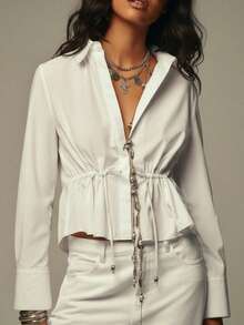 Women's Elegant Chic Solid White Drawstring Flared Hem Short Collared Blouse, Daily Office Wear, Spring/Summer New Arrival