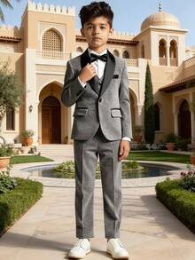 3pcs Boys Suit Set, New Flower Boy Wedding Formal Outfit, Performance Wear For Toddler, Little & Big Kids, Includes Blazer, Pants, Bow Tie - Grey - View 2