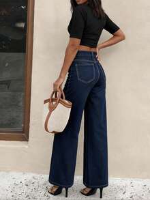 Stretchy Denim Straight Leg Pants, Elegant & Fashionable, Casual & Versatile, Wide Leg Flare Women Denim Trousers - Medium Wash - View 4