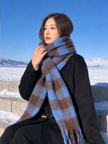 1pc New Plaid Scarf For Women, Thick & Warm, Versatile, Korean Style, Suitable For Autumn/Winter, Great Gift For New Year, Valentine's Day, Couples, Best Friends - Royal Blue - View 5
